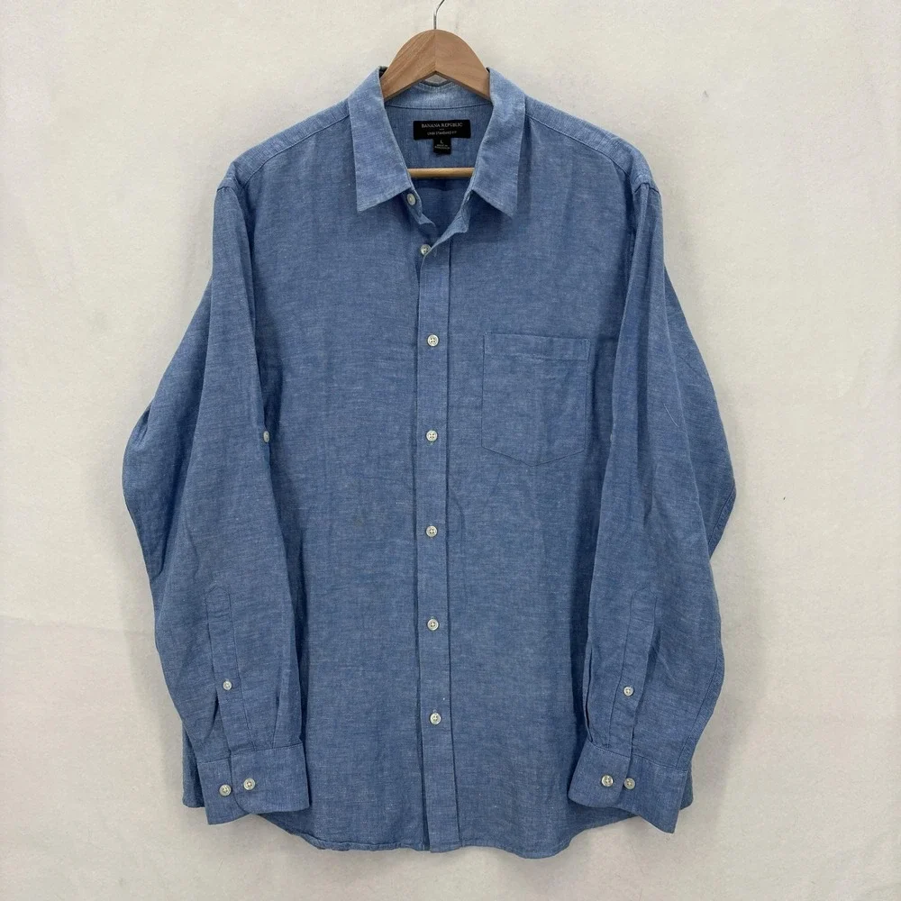 Banana Republic Shirt Mens Large Blue Linen Standard Fit Casual Chambray Preppy